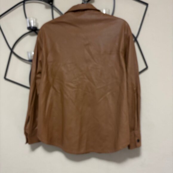 Tin Tin Faux / Vegan Leather Button Up Long Sleeve Brown Shirt w/ Pockets M - Picture 3 of 8